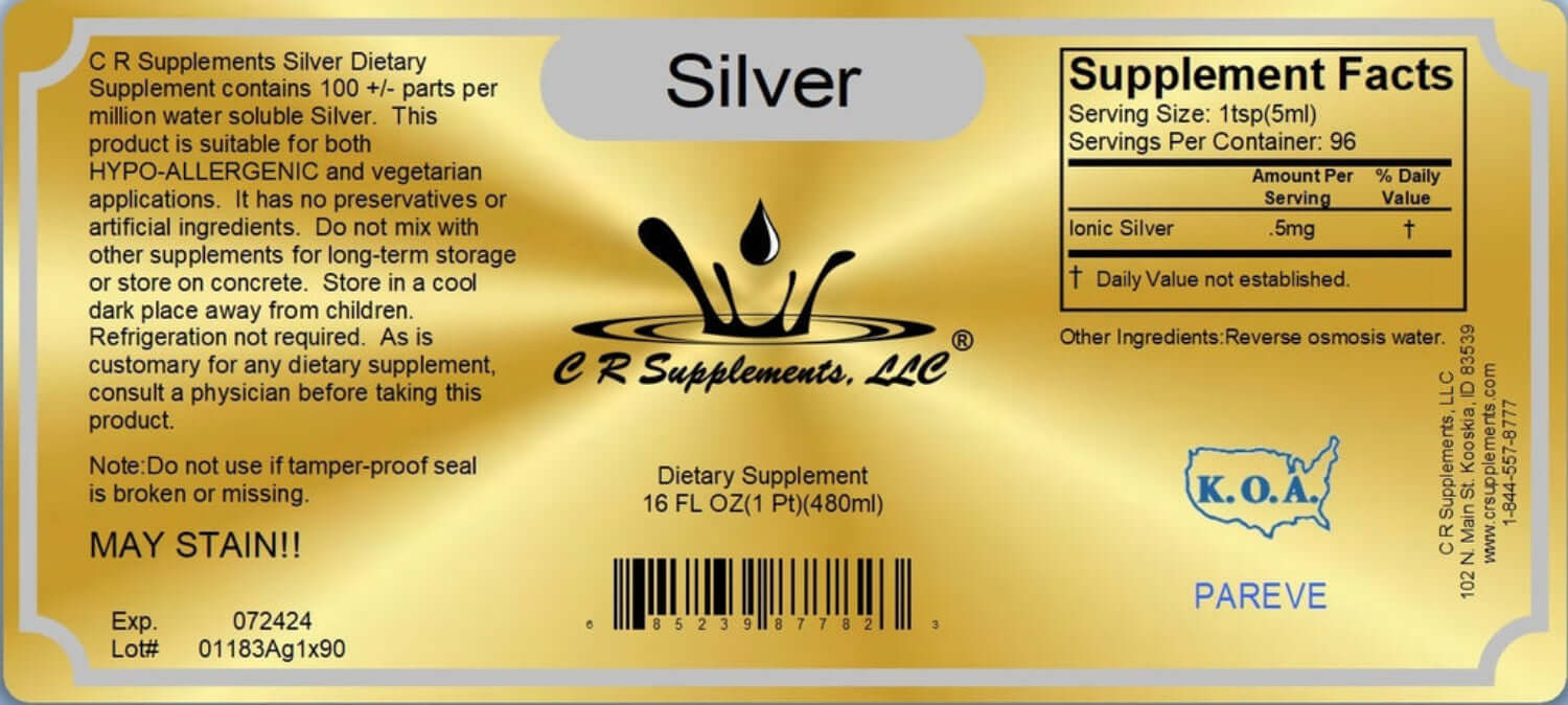 Silver - Ionic Liquid Mineral Supplement label and supplement facts for immune support and systemic purity.