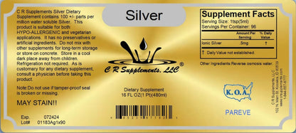 Silver - Ionic Liquid Mineral Supplement label and supplement facts for immune support and systemic purity.