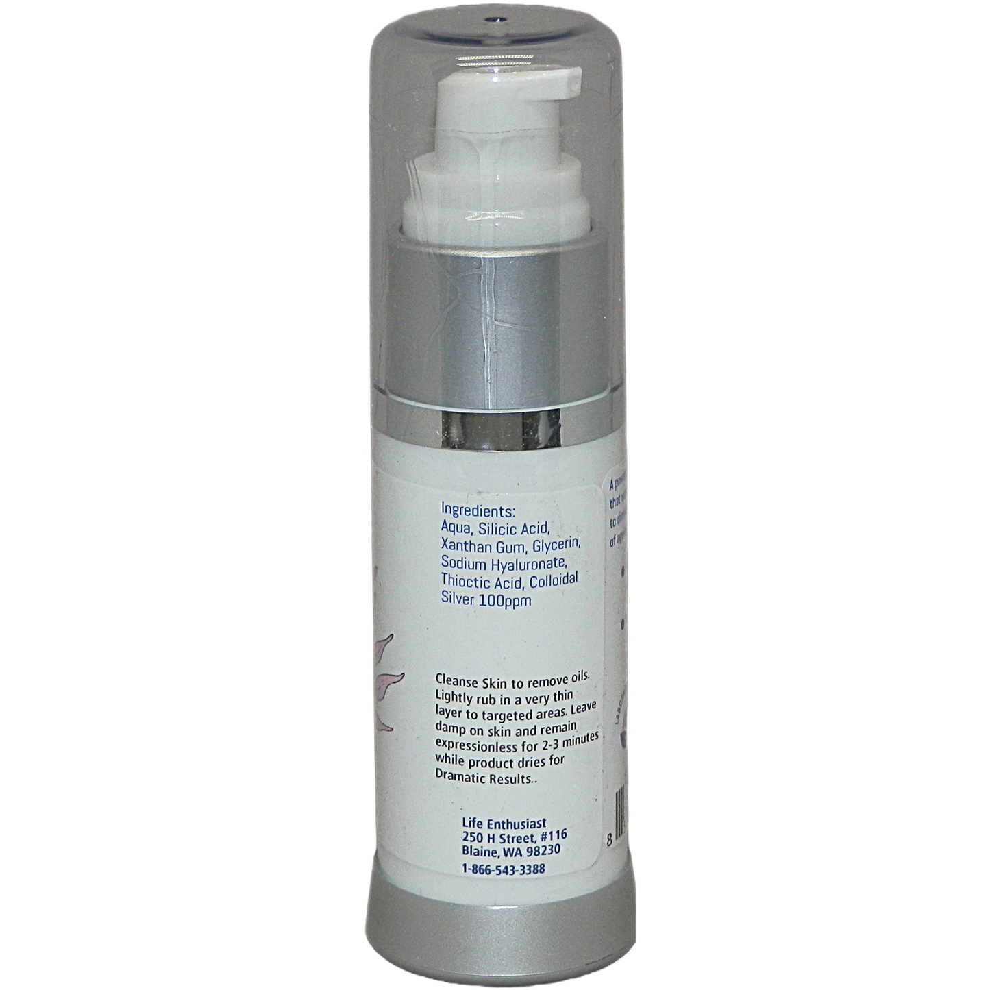 Skincare product with pump and label on a white background