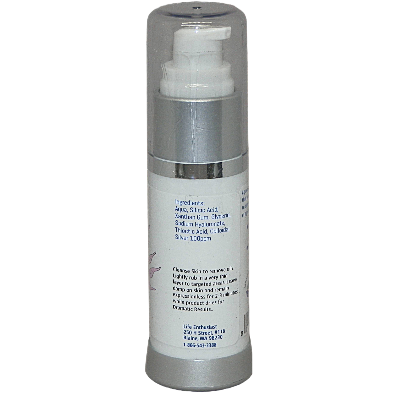 Skincare product with pump and label on a white background