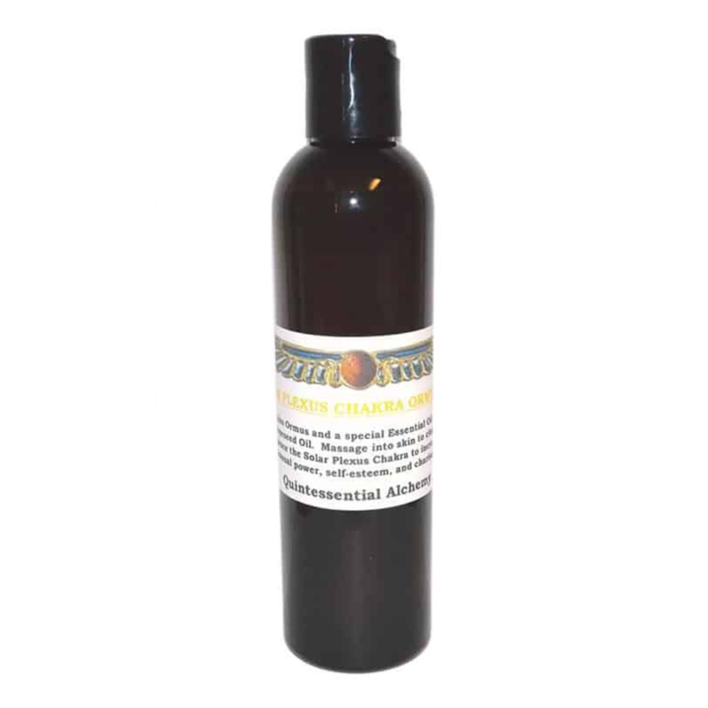 Black bottle Solar Plexus Chakra Ormus Oil240ml with a label on a white background