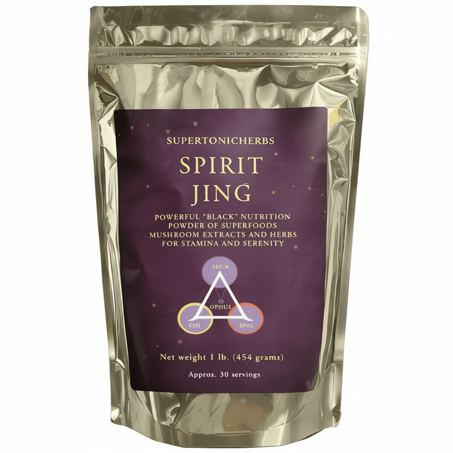 Supertonicherbs Spirit Jing package on a green background