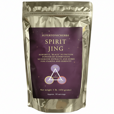 Supertonicherbs Spirit Jing package on a green background