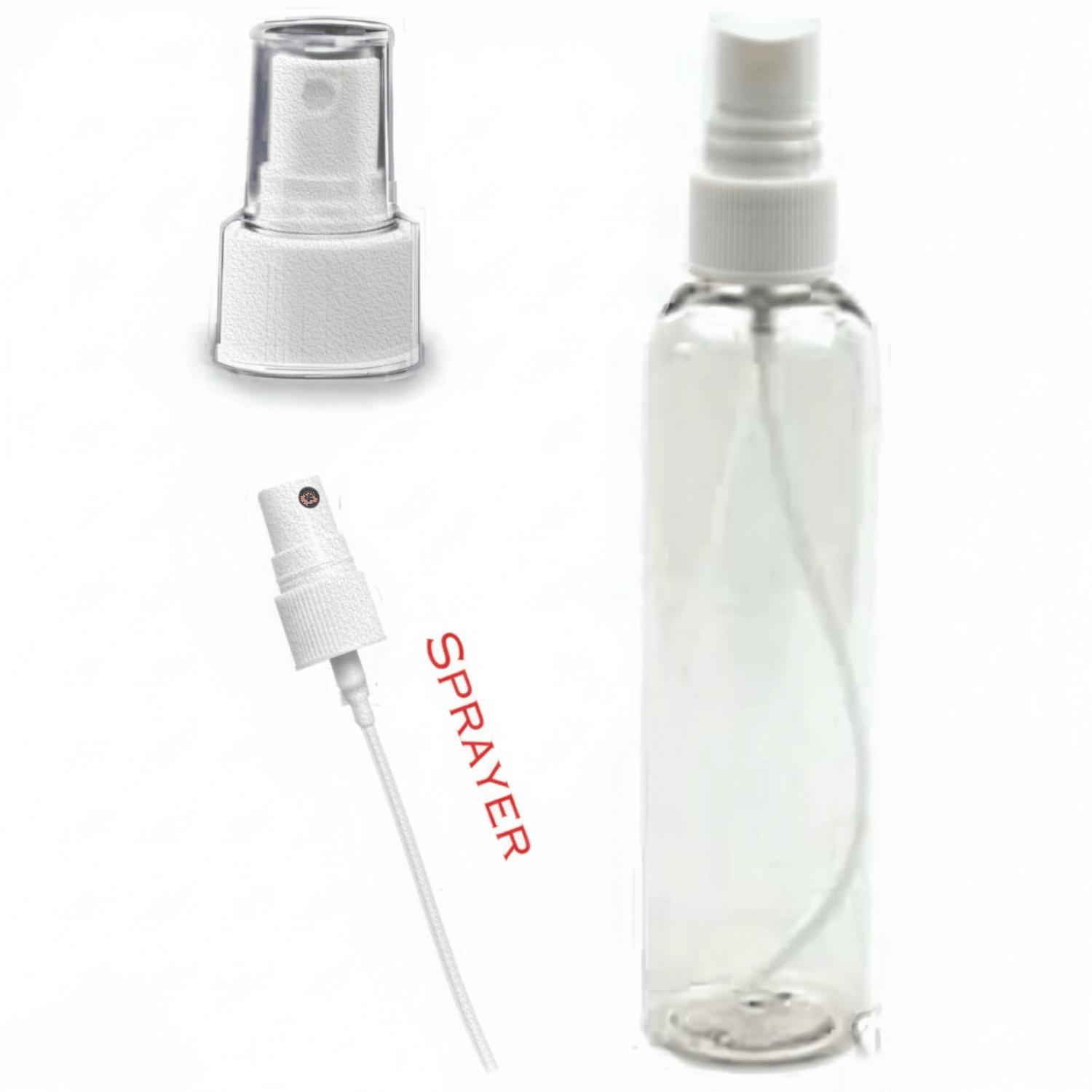 Sprayer Top for 4 and 12 ounce Bottles, features white sprayer nozzle and transparent bottle.