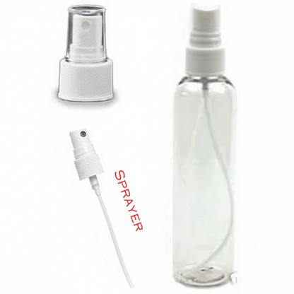 Sprayer Top for 4 and 12 ounce Bottles, features white sprayer nozzle and transparent bottle.