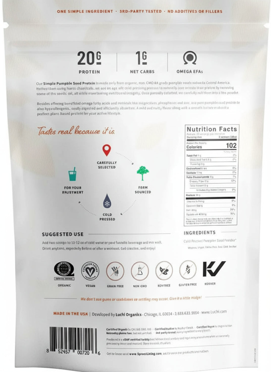 Back of a protein powder package with nutritional information and branding.