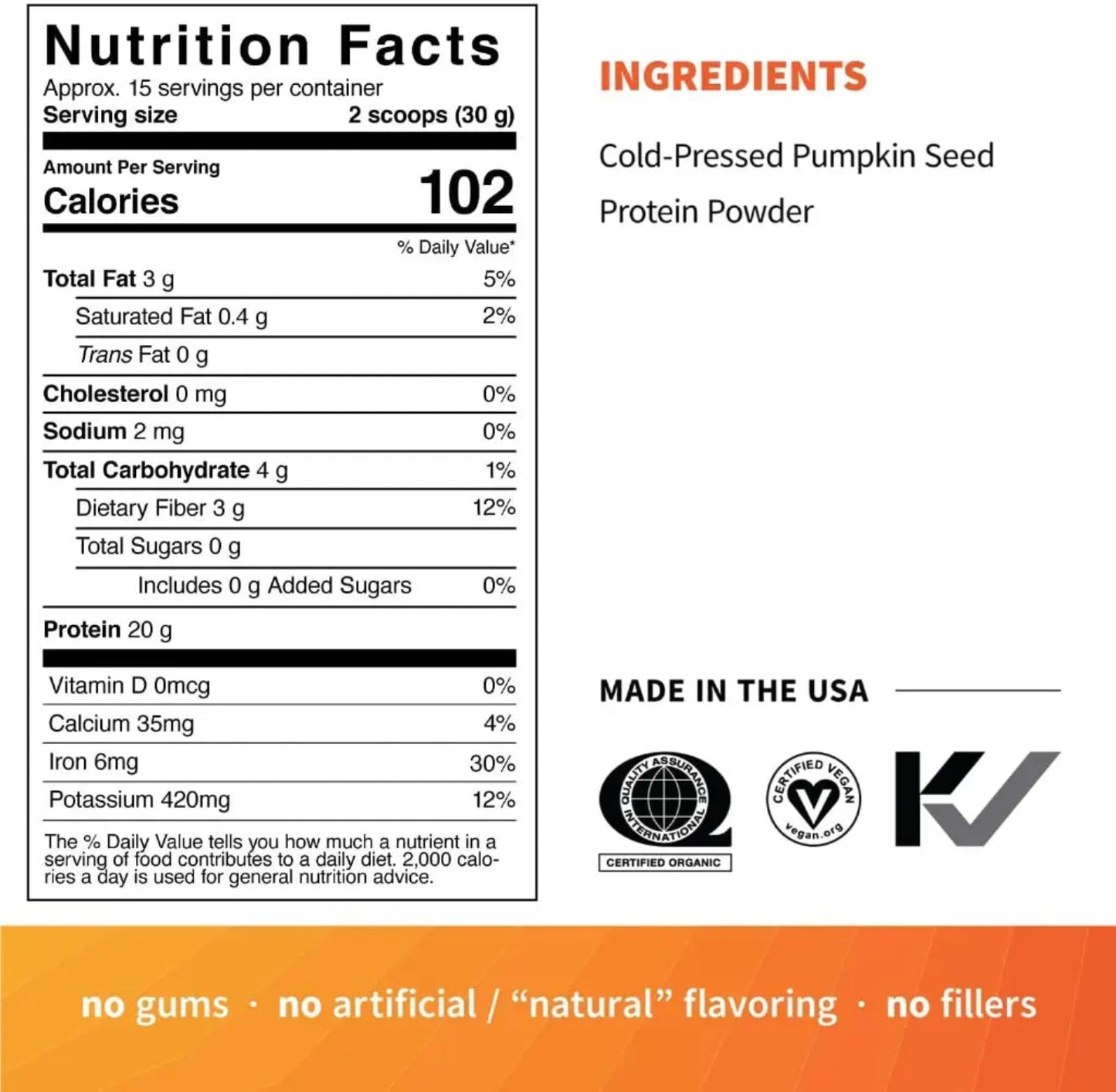 Nutrition facts label and ingredients list for a product made in the USA with organic certification.
