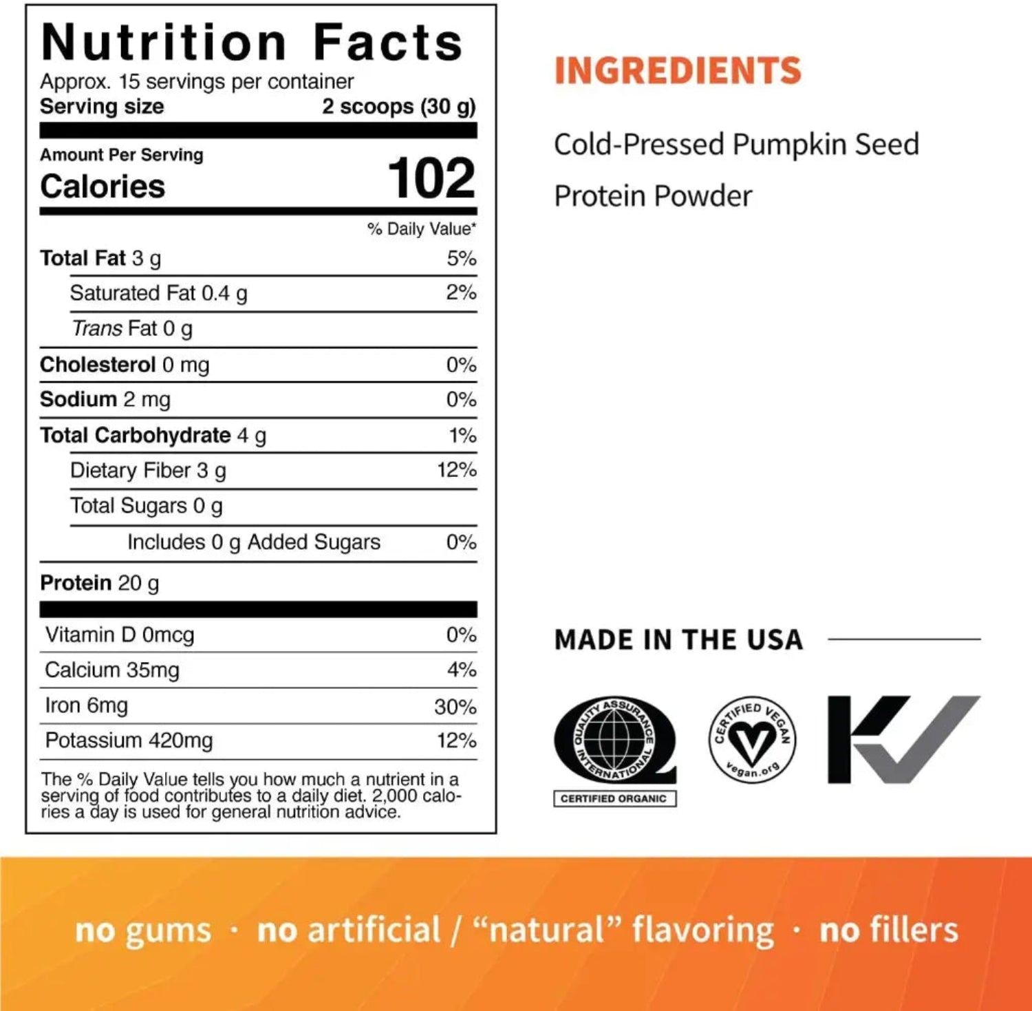 Nutrition facts label and ingredients list for a product made in the USA with organic certification.