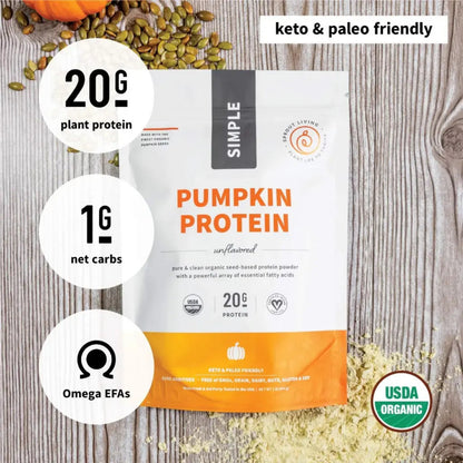 Pumpkin protein powder package with nutritional information on a wooden surface