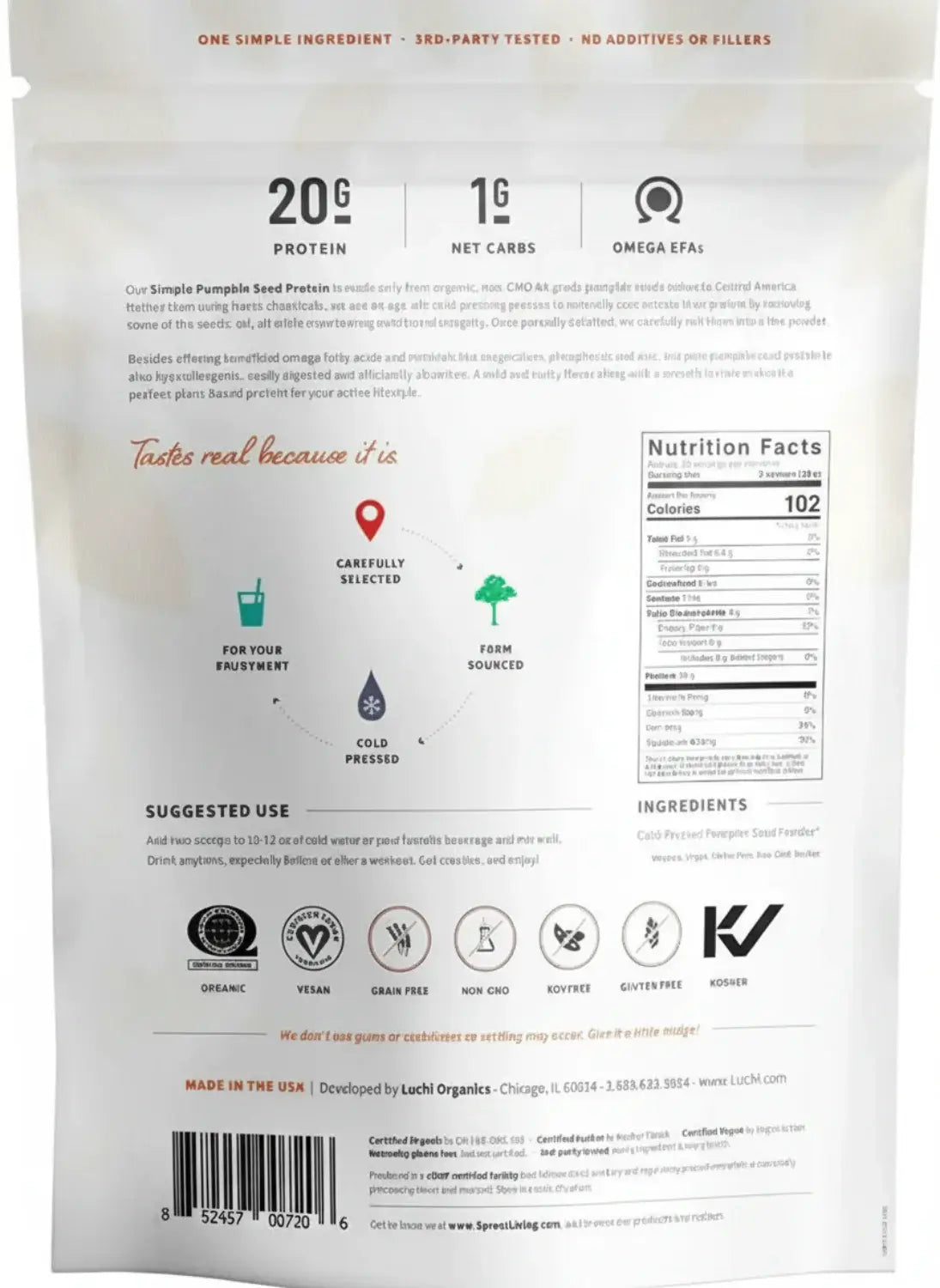 Nutrition Facts and Instructions about Pumpkin Seed Protein for Muscle Growth and Vitality bag.