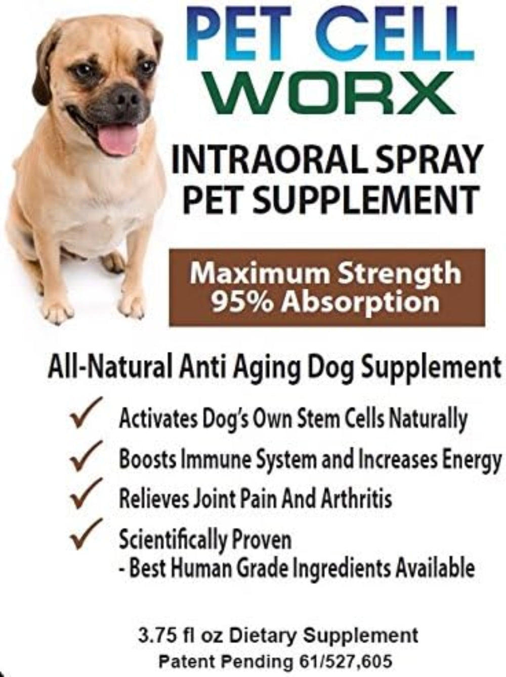 Pet Cell Worx intraoral spray pet supplement with a dog on a white background