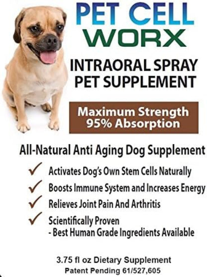 Pet Cell Worx intraoral spray pet supplement with a dog on a white background