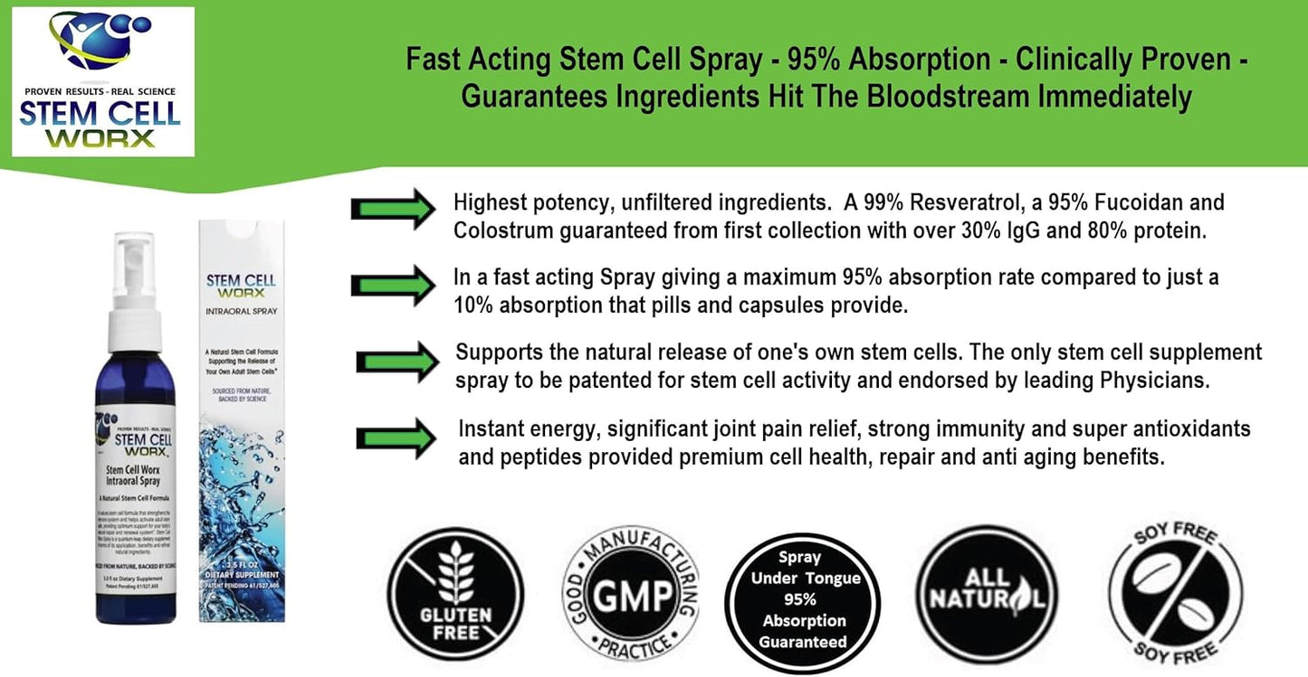 Stem cell spray product with branding and feature text on a white background