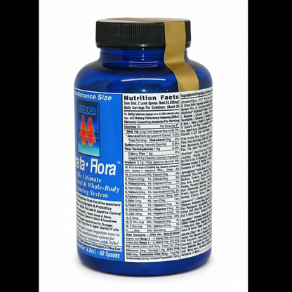 Blue supplement bottle with black cap on a white background