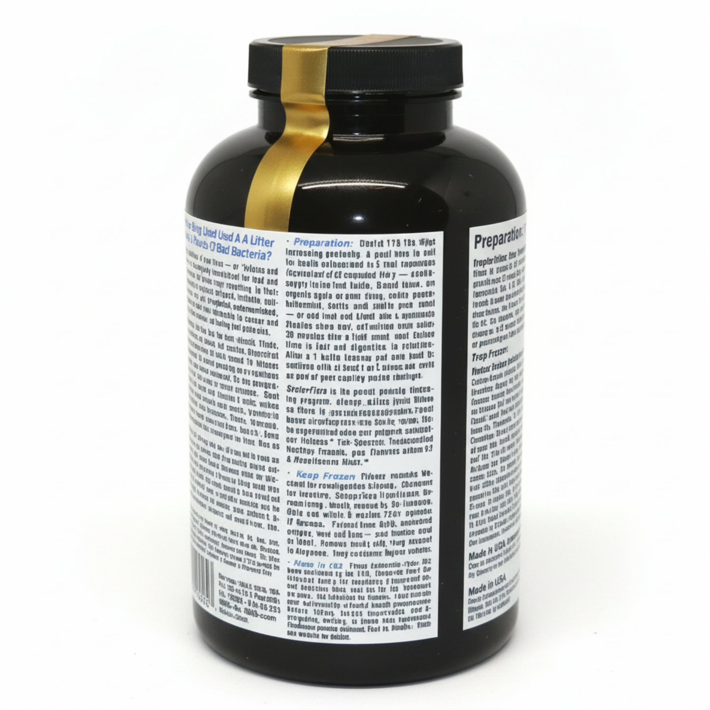 Black supplement bottle with gold label on a white background