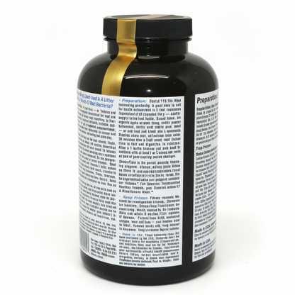 Black supplement bottle with gold label on a white background