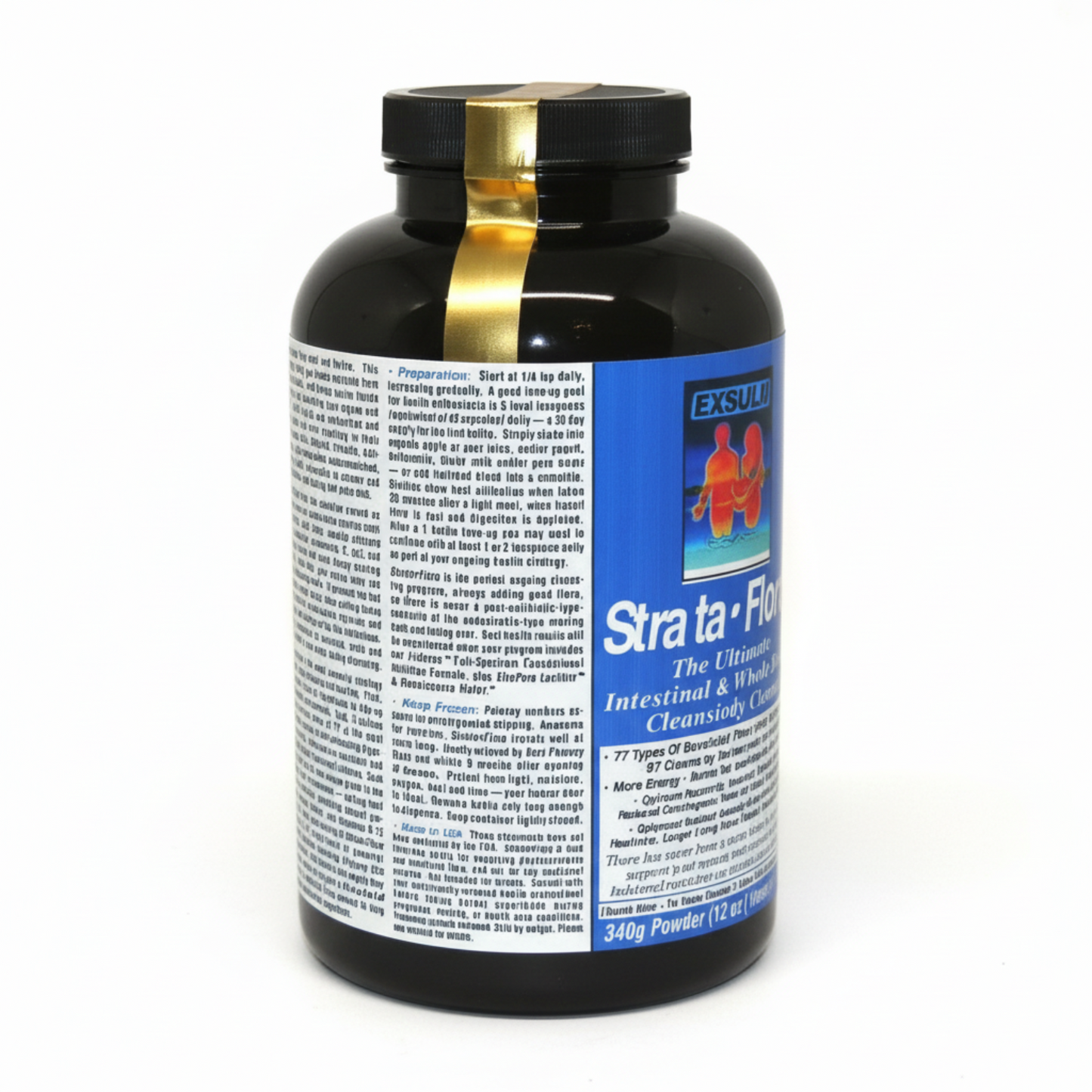 Black supplement bottle with gold cap on a white background