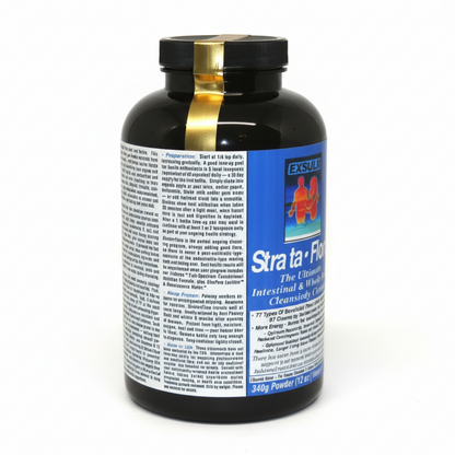 Black supplement bottle with gold cap on a white background