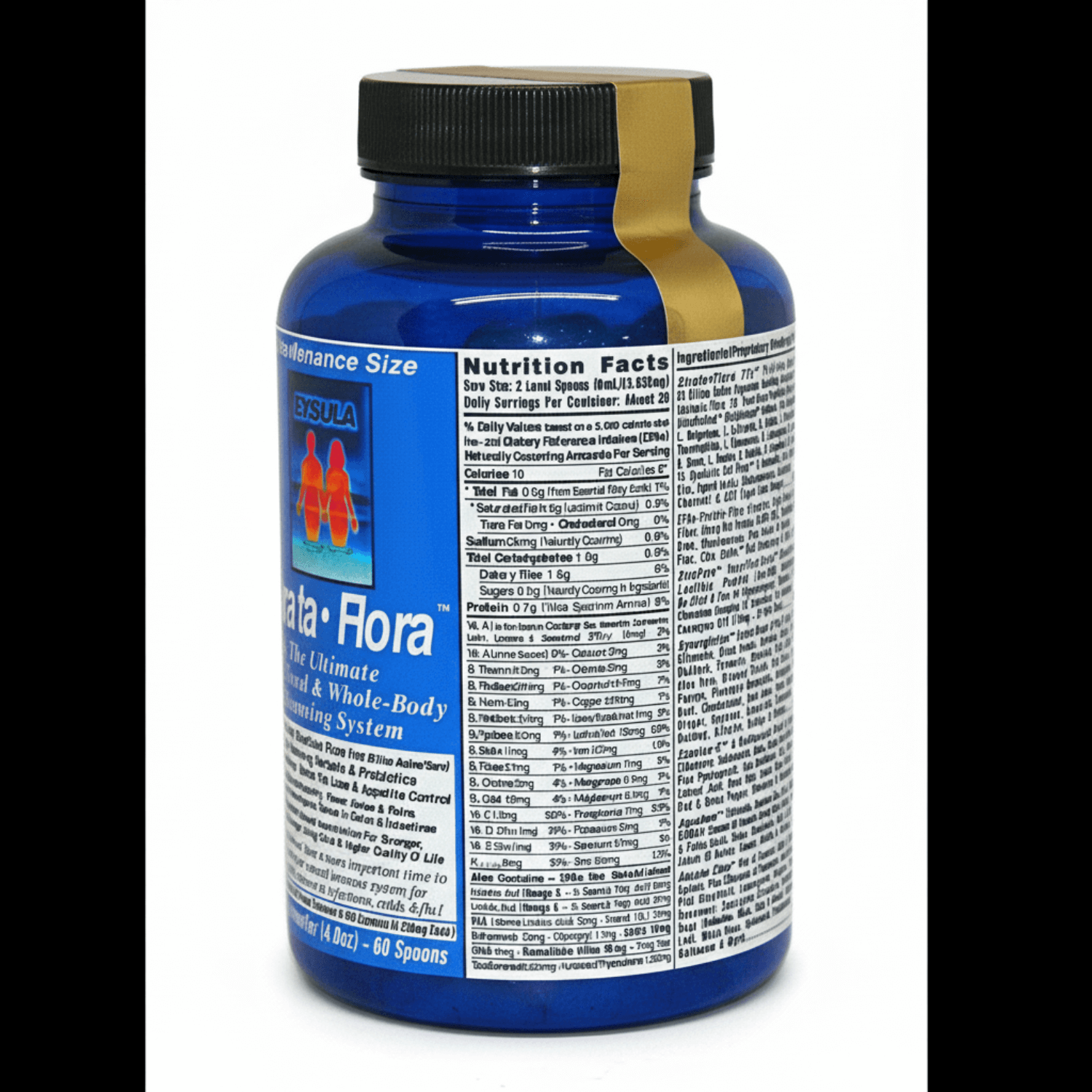 Strata-Flora superfood probiotics bottle with nutrition facts and serving information.