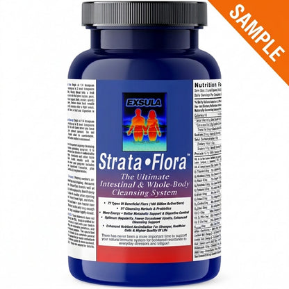 Strata-Flora Soil Based Organism Probiotics, a blue supplement jar from Exsula for gut health and cleansing.