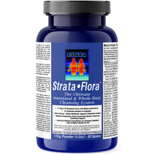 Strata-Flora Soil Based Organism Probiotics, a blue supplement jar from Exsula for gut health and cleansing.