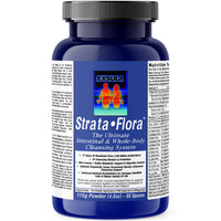 Strata-Flora Soil Based Organism Probiotics, a blue supplement jar from Exsula for gut health and cleansing.