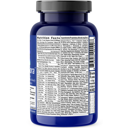 Strata-Flora 115 Grams Superfood Probiotics bottle showcasing nutrition facts and ingredients for gut health.