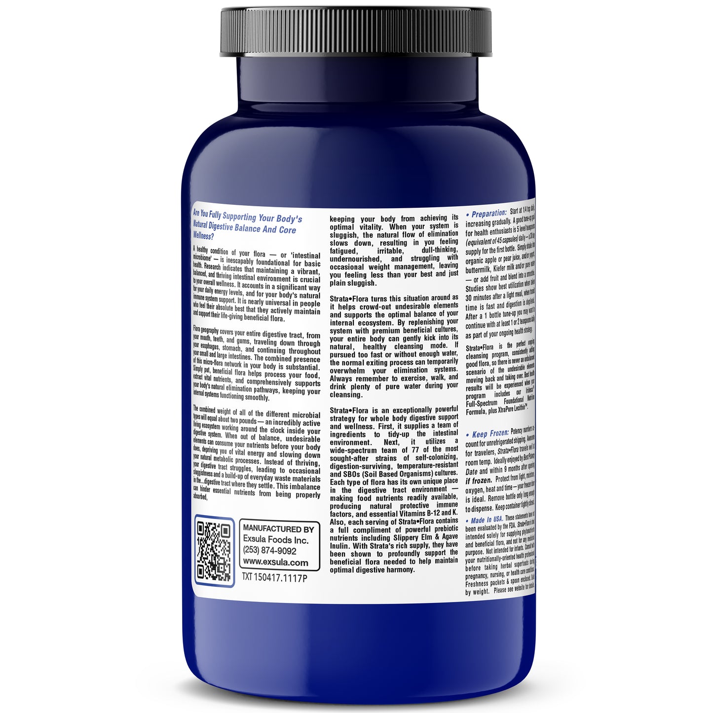 Strata-Flora Superfood Probiotics bottle label left panel showcasing supplement's key benefits.