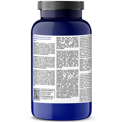Strata-Flora Superfood Probiotics bottle label left panel showcasing supplement's key benefits.