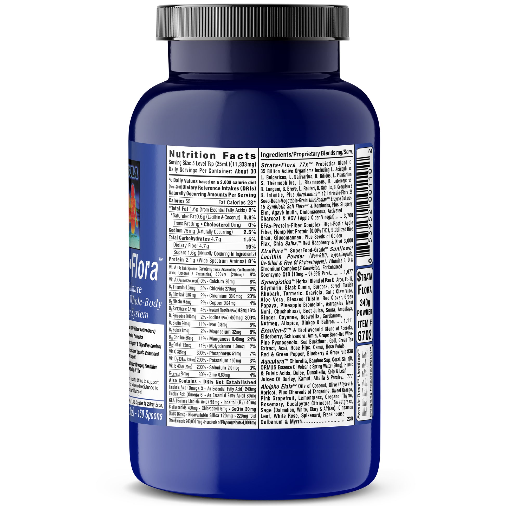 Strata-Flora 340 Grams Superfood Probiotics bottle showcasing nutrition facts and ingredients for gut health.
