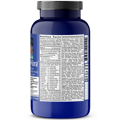 Strata-Flora 340 Grams Superfood Probiotics bottle showcasing nutrition facts and ingredients for gut health.