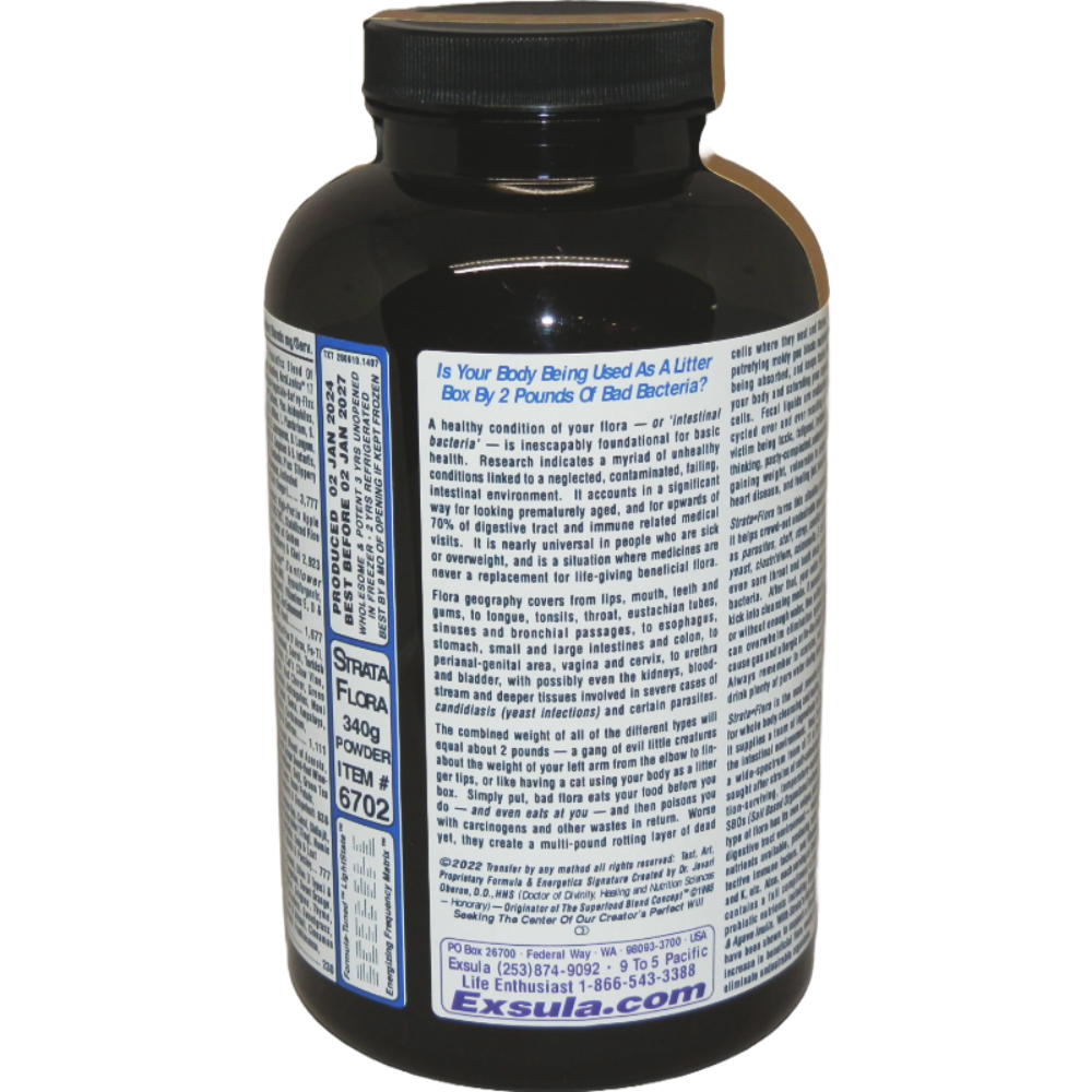 Strata-Flora superfood probiotics bottle, supporting gut health and well-being with balanced gut flora.