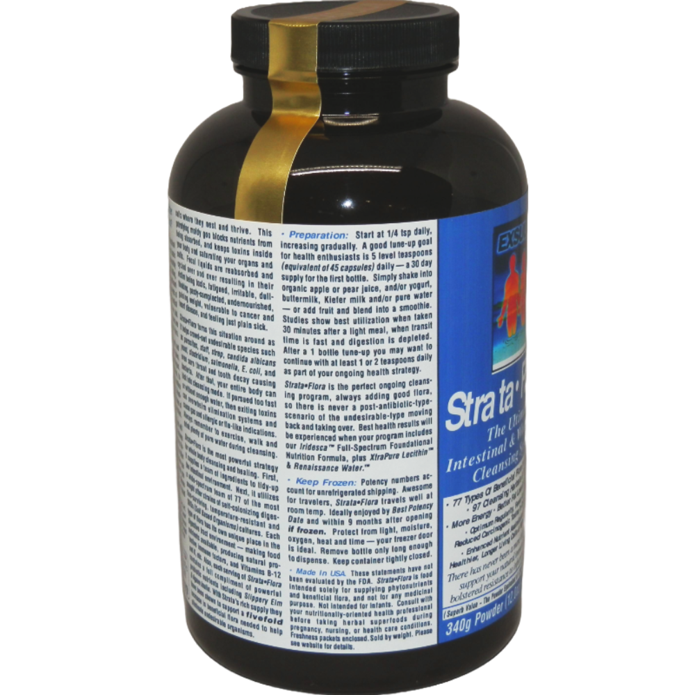 Strata-Flora Superfood Probiotics supplement bottle designed for gut health and vitality.