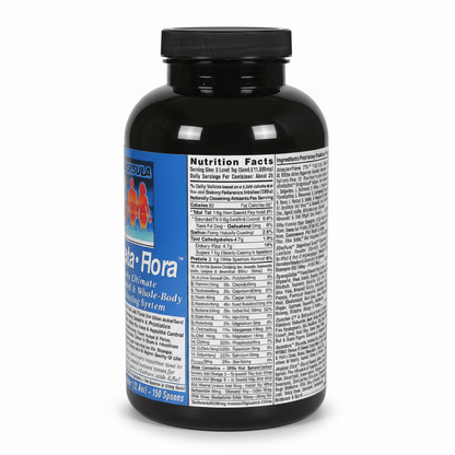 Strata-Flora Superfood Probiotics bottle showcasing nutrition facts and ingredients for gut health.