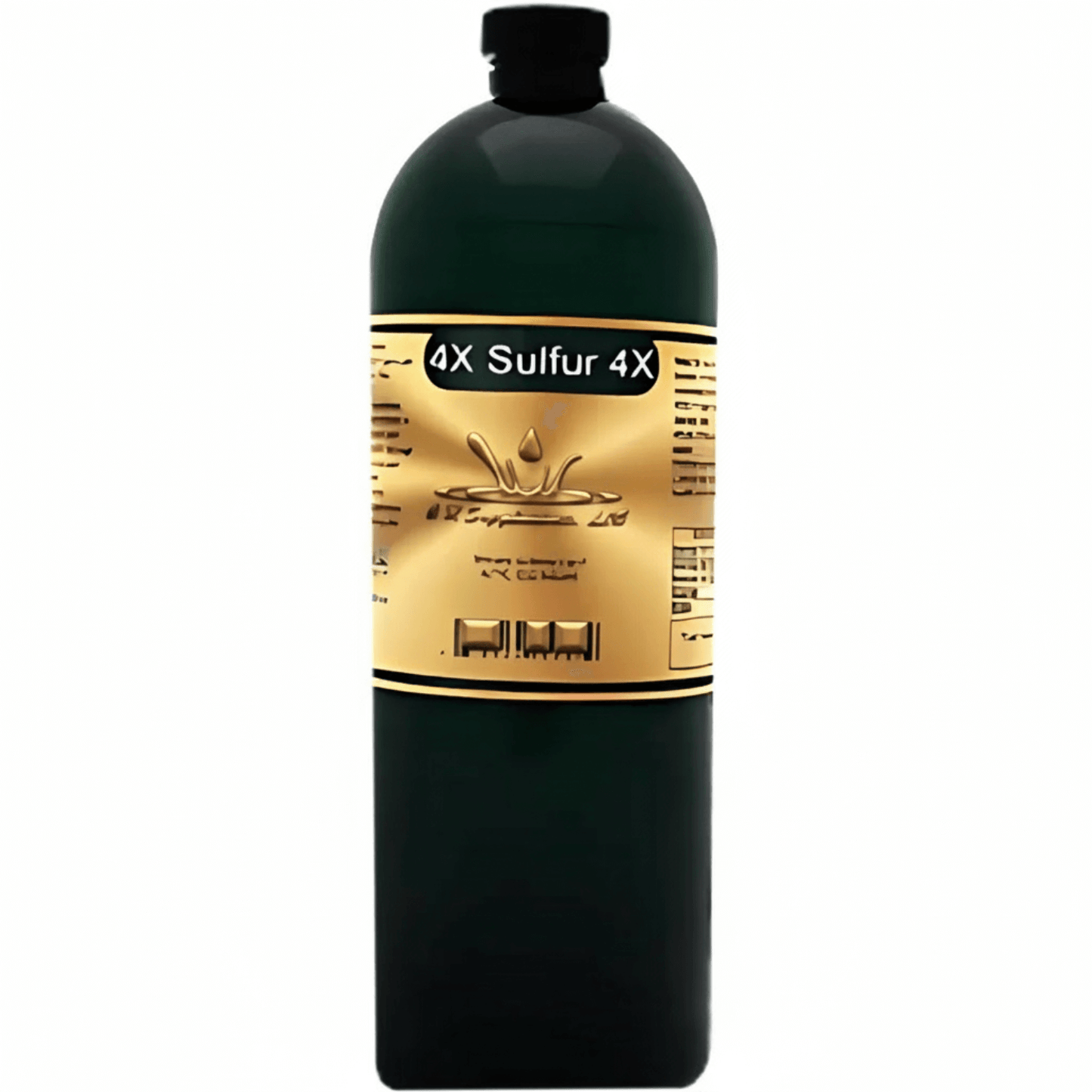 Black bottle with gold label featuring '4X Sulfur 4X' on a white background