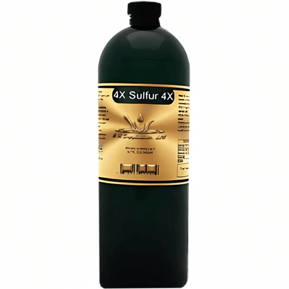 Black bottle with gold label featuring '4X Sulfur 4X' on a white background