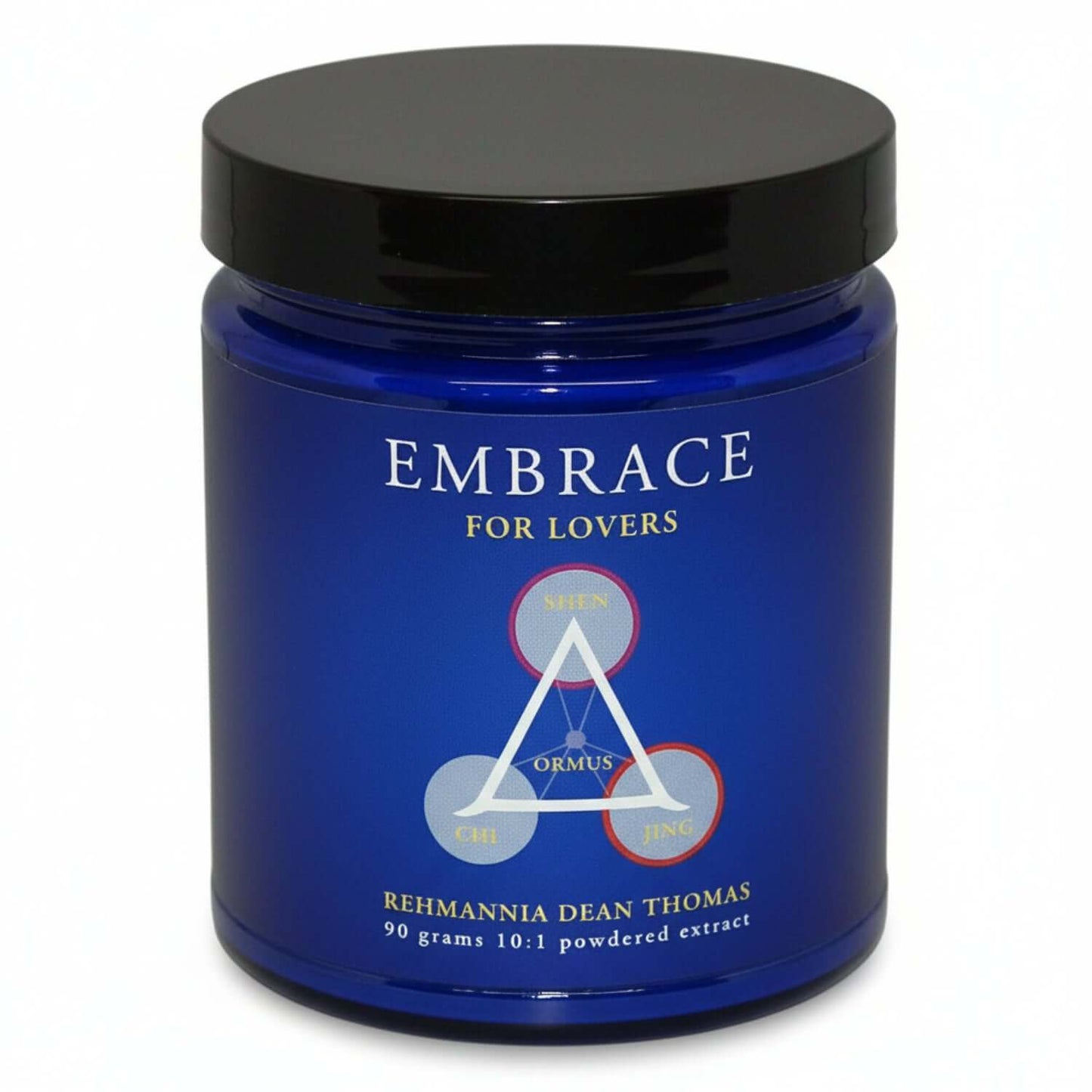 Embrace for Lovers herbal supplement jar featuring Chinese Herbs for Libido, 90 grams powdered extract by Rehmannia Dean Thomas.