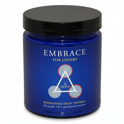 Embrace for Lovers herbal supplement jar featuring Chinese Herbs for Libido, 90 grams powdered extract by Rehmannia Dean Thomas.