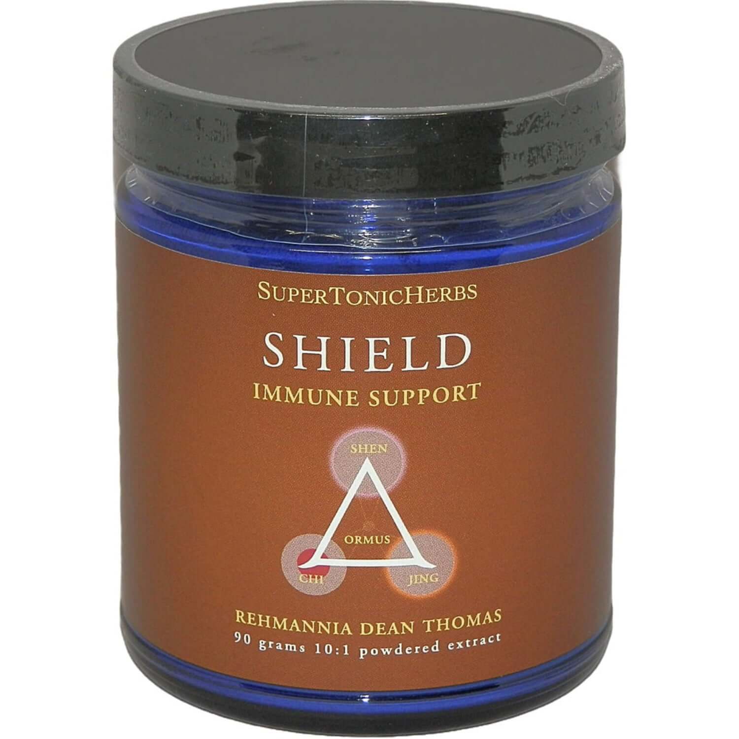 SuperTonicHerbs Shield product jar for Chinese Herbs for Immune Support, featuring ORMUS and herbal extracts.