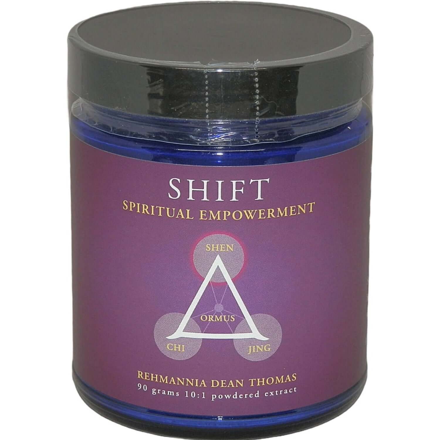 Shift product container labeled 'Chinese Herbs for Emotional Balance' and 'Spiritual Empowerment' with ORMUS.