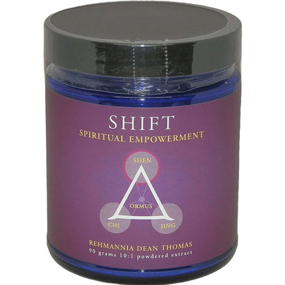 Shift product container labeled 'Chinese Herbs for Emotional Balance' and 'Spiritual Empowerment' with ORMUS.