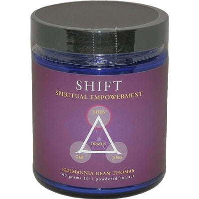 Shift product container labeled 'Chinese Herbs for Emotional Balance' and 'Spiritual Empowerment' with ORMUS.