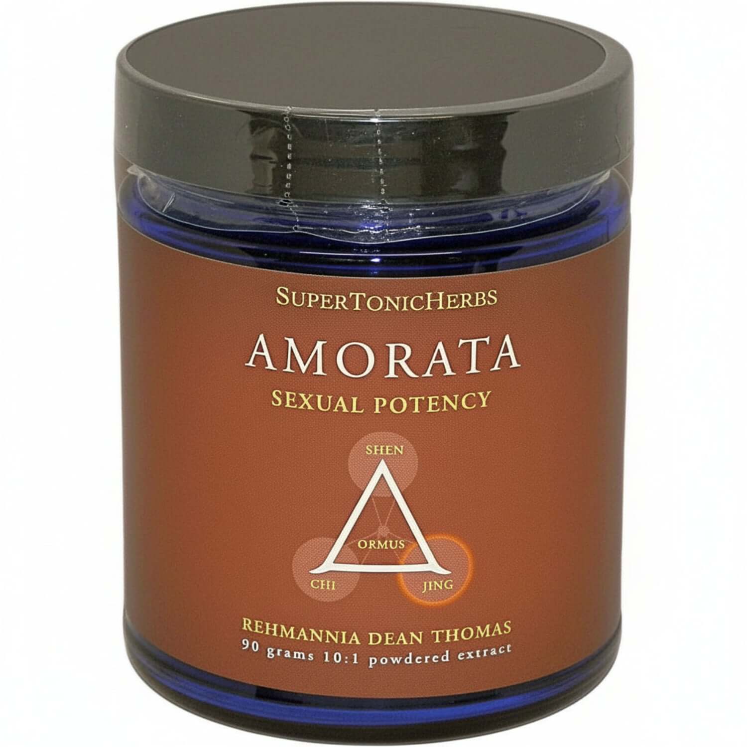 Amorata, an aphrodisiac for men and women, from SuperTonicHerbs in a blue jar, formula for sexual potency.