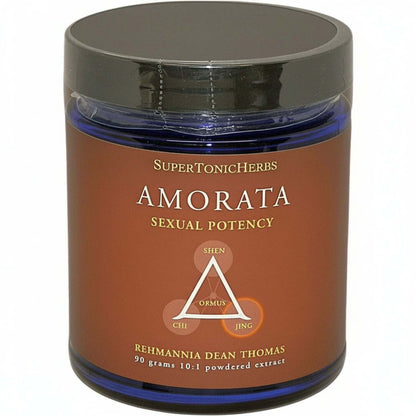 Amorata, an aphrodisiac for men and women, from SuperTonicHerbs in a blue jar, formula for sexual potency.