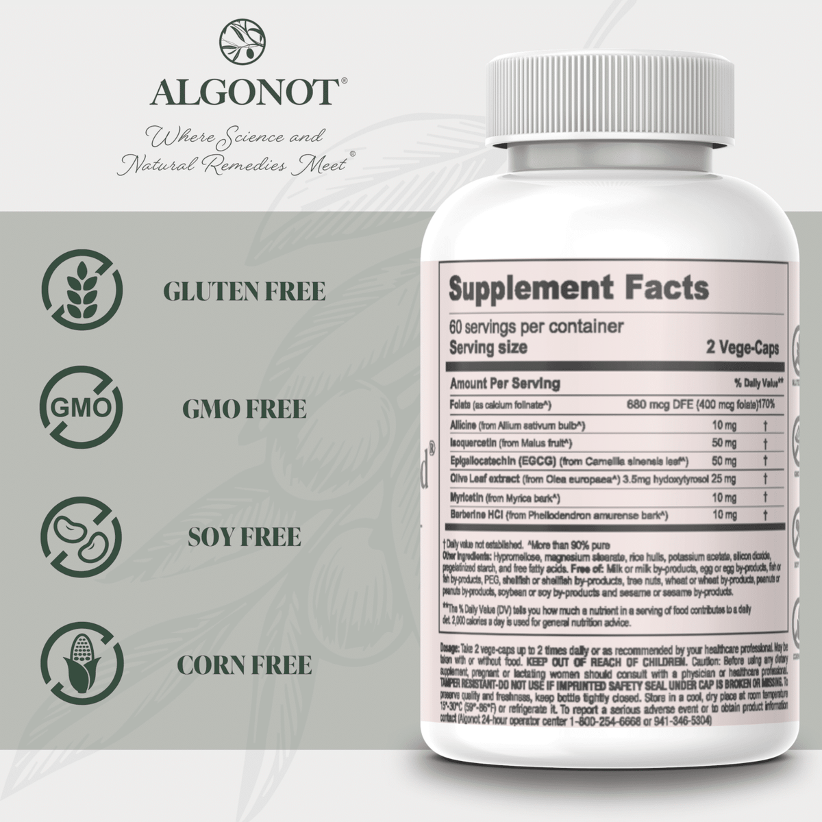 Algonot supplement bottle with a white cap and white label showing Supplement Facts, alongside product feature icons for gluten free, GMO free, soy free, and corn free on a light gray background.