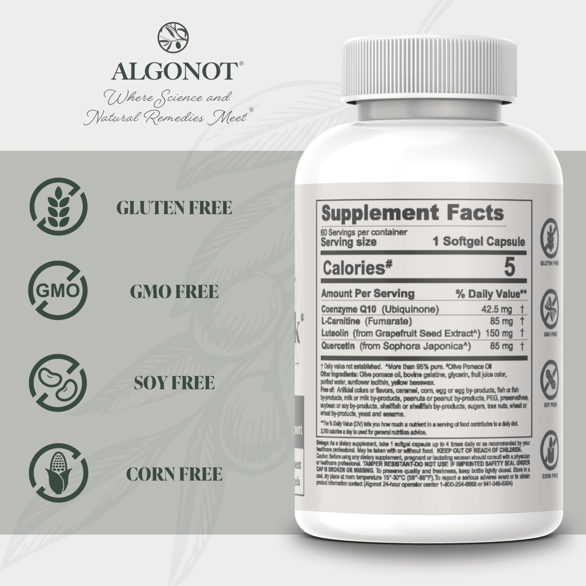 Nutritional label for FibroProtek with Coenzyme Q10, L-Carnitine, luteolin, and quercetin for neuromuscular support.