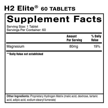 H2 Elite supplement facts label showing molecular hydrogen tablets ingredients and nutritional information.
