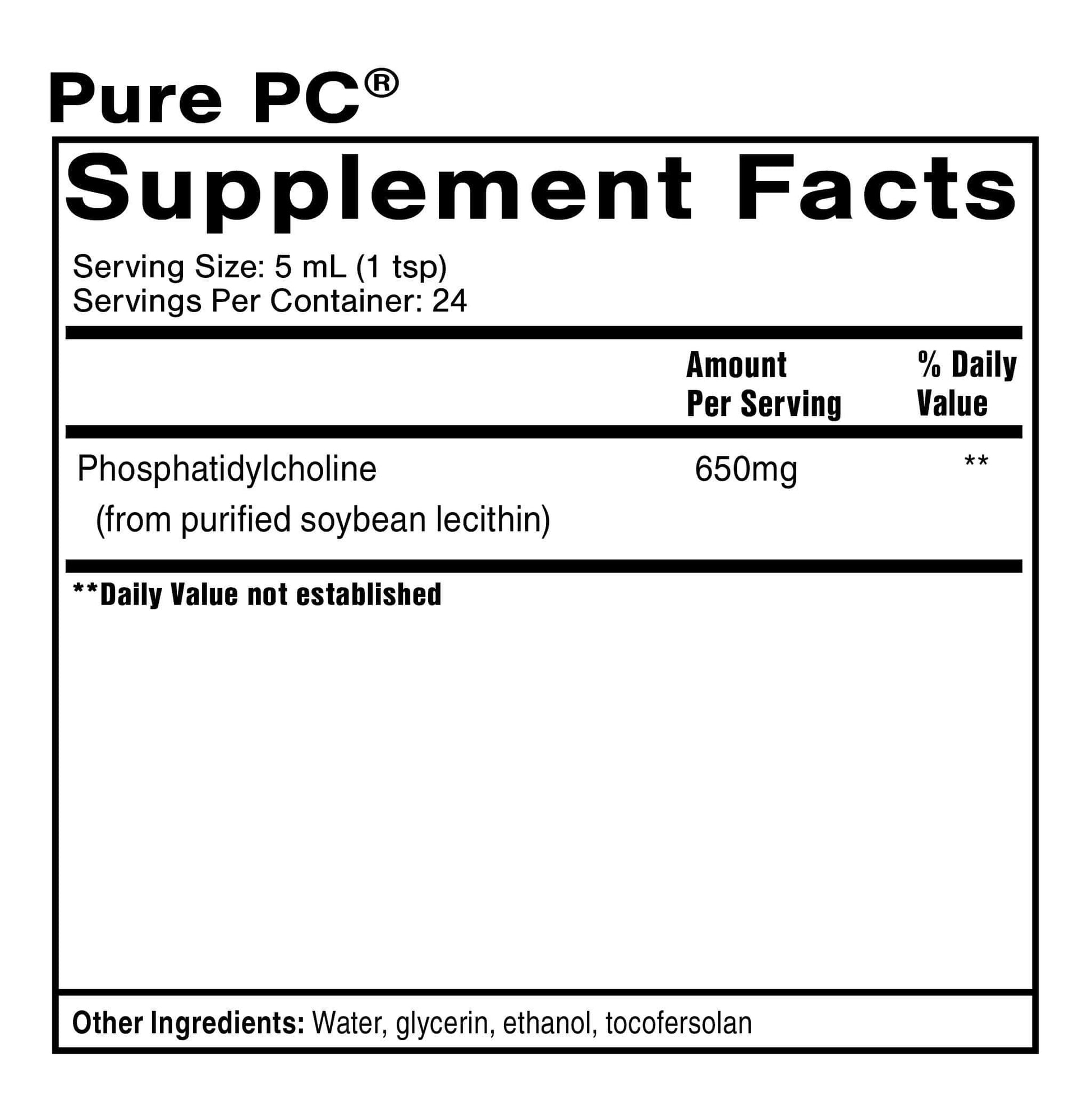 Supplement facts label for Pure PC Liposomal Phosphatidylcholine Liquid showing serving size and ingredients.