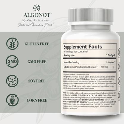 Supplement bottle with label displaying 'Algonot' brand and supplement facts on a light gray background.