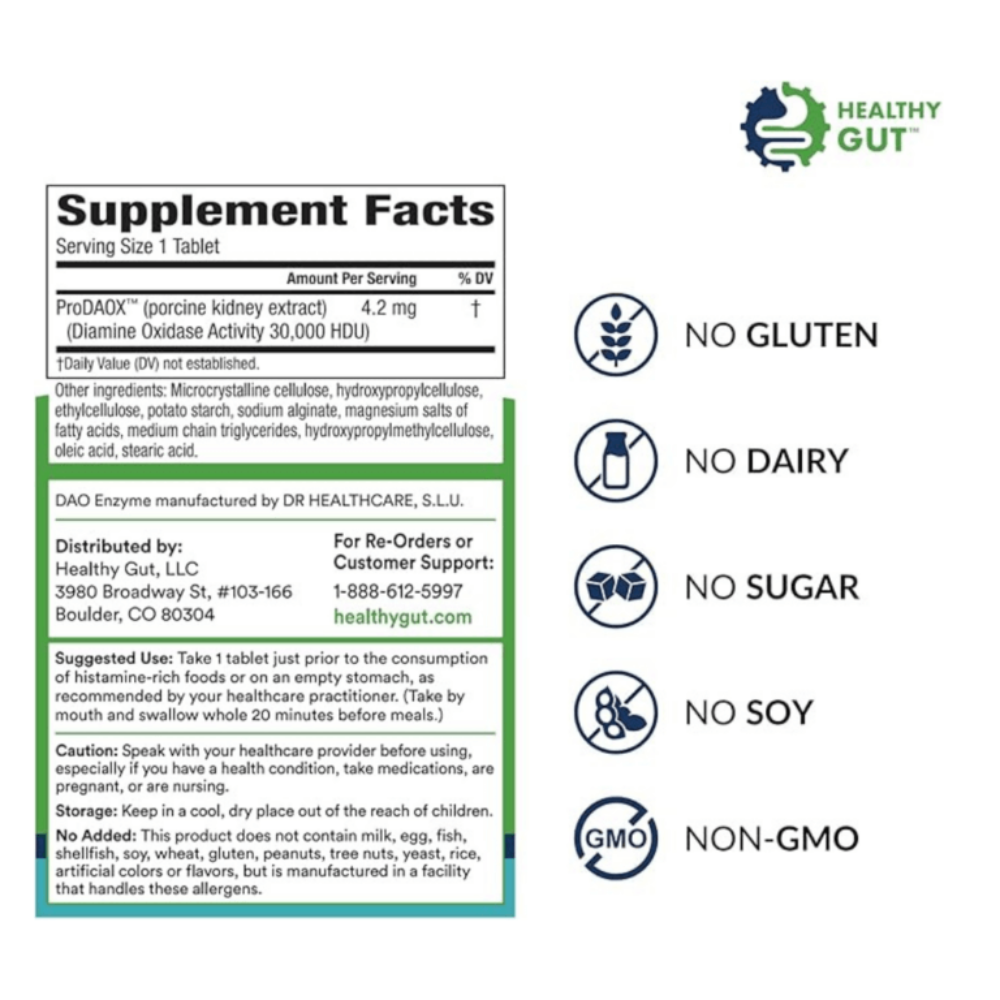 Supplement facts label for a product by Healthy Gut on a white background